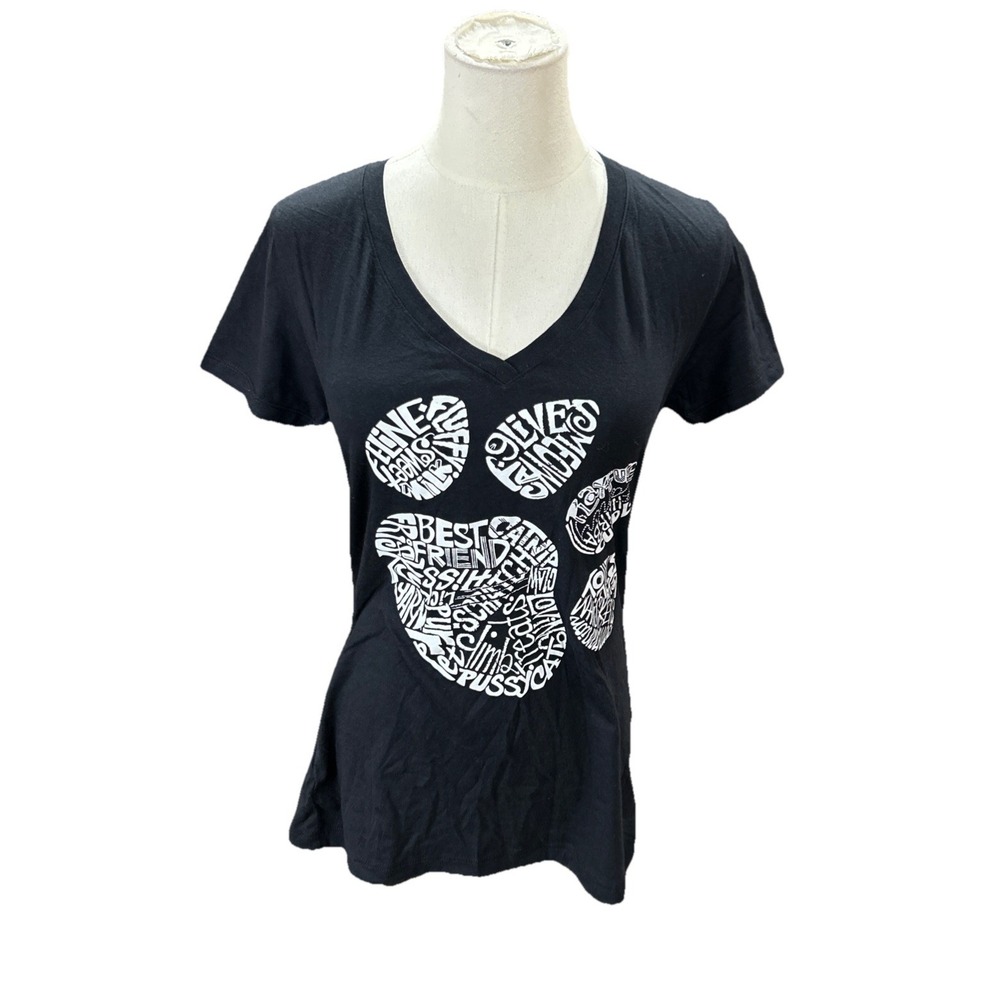 LA Pop Art Women Black V-Neck T-Shirt Large Cat Paw Word Art Graphic Tee